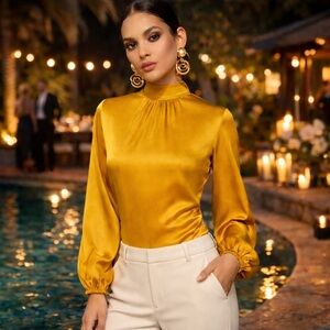 Trina Turk NWT Satin Nisha Smocked Blouse in Mustard Marigold, Size XS